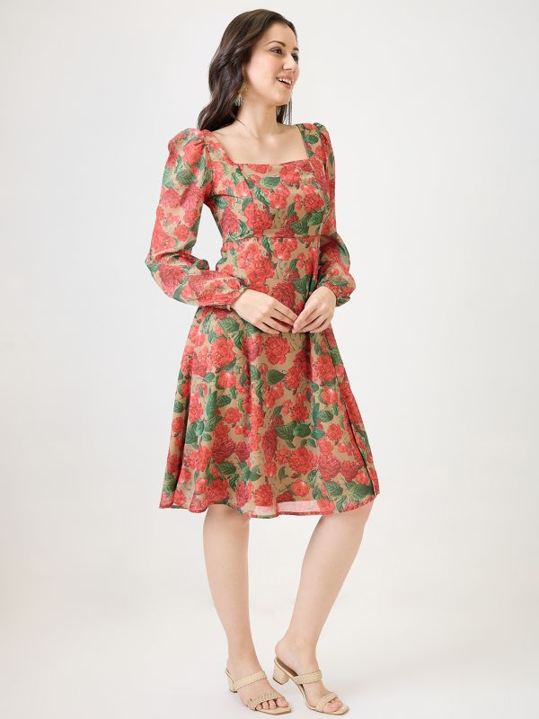 Globus Women Beige Georgette Floral Printed Square Neck Bishop Sleeves Stylized Back Fit & Flare Midi Dress