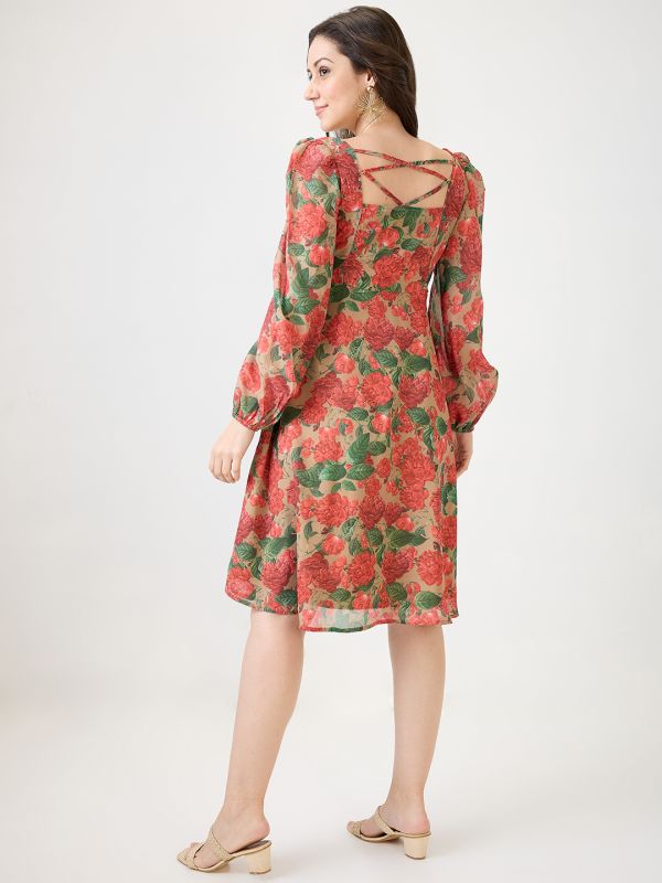 Globus Women Beige Georgette Floral Printed Square Neck Bishop Sleeves Stylized Back Fit & Flare Midi Dress