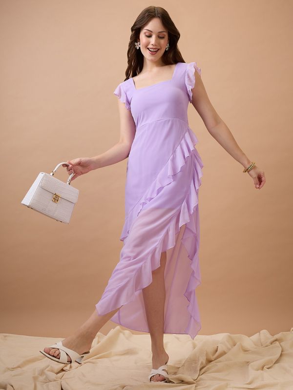 Globus Women Lavender Square Neck Cap Sleeves Asymmetric Ruffle Hem Maxi A-Line Dress