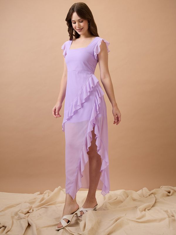 Globus Women Lavender Square Neck Cap Sleeves Asymmetric Ruffle Hem Maxi A-Line Dress