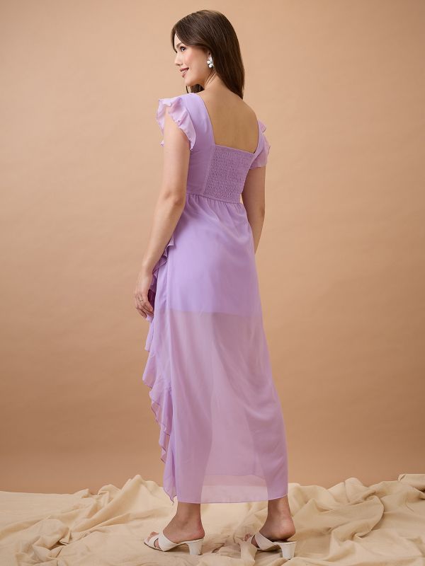 Globus Women Lavender Square Neck Cap Sleeves Asymmetric Ruffle Hem Maxi A-Line Dress
