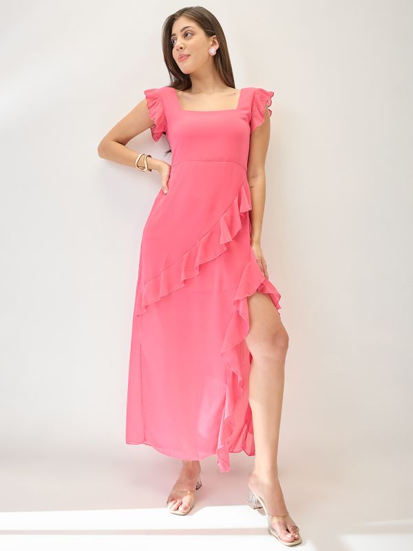 Globus Women Pink Square Neck Cap Sleeves Asymmetric Ruffle Hem Maxi A-Line Dress