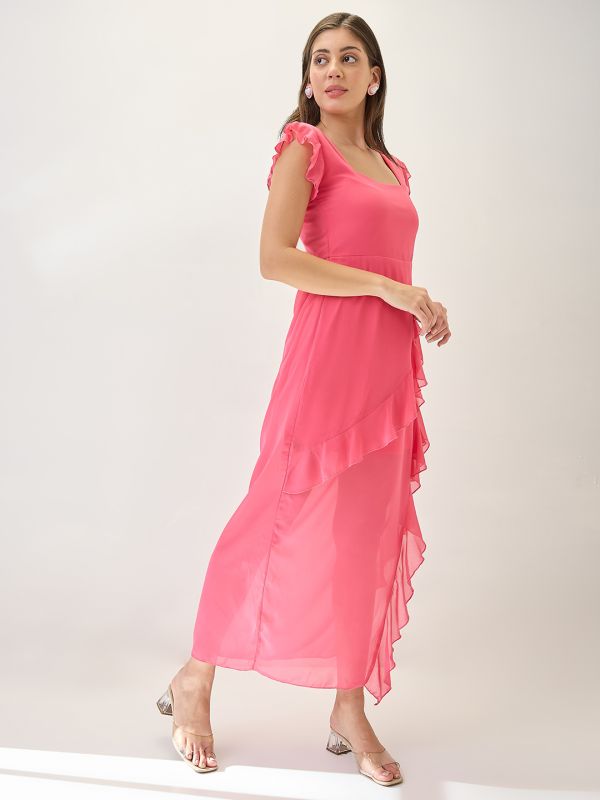 Globus Women Pink Square Neck Cap Sleeves Asymmetric Ruffle Hem Maxi A-Line Dress