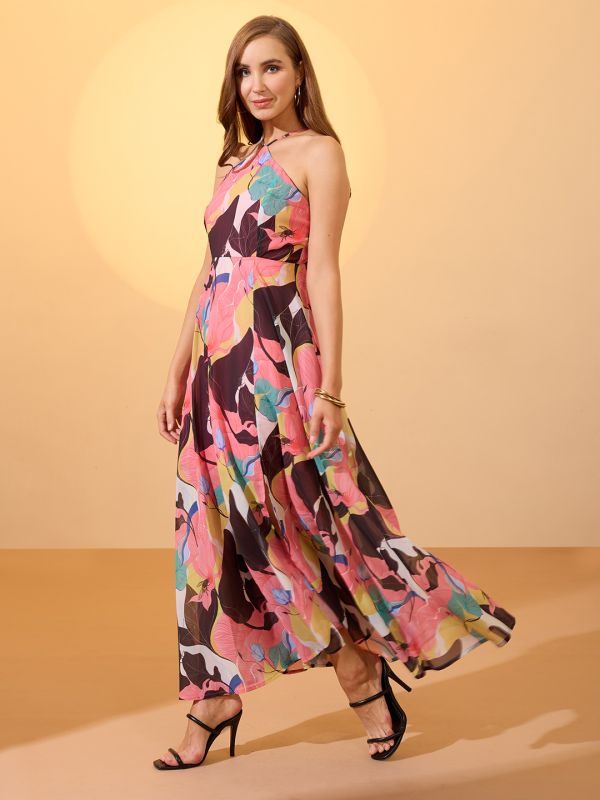 Globus Women Multicolour Abstract Print Halter Neck Flared Hem A-Line Resort Maxi Dress