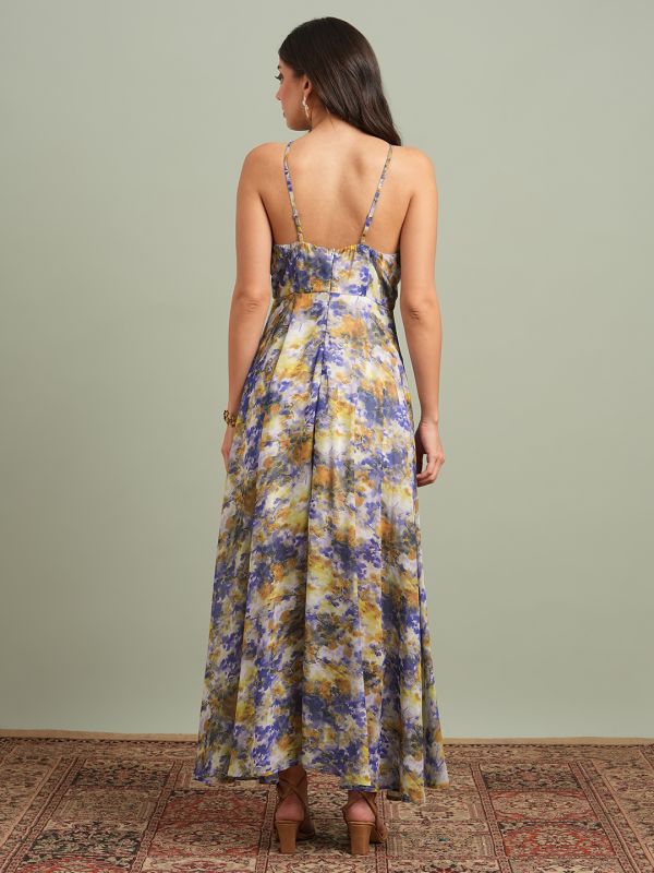 Globus Women Yellow Abstract Print Halter Neck Flared Hem A-Line Maxi Resort Dress