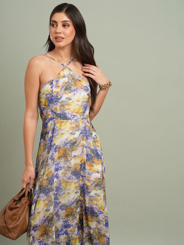 Globus Women Yellow Abstract Print Halter Neck Flared Hem A-Line Maxi Resort Dress