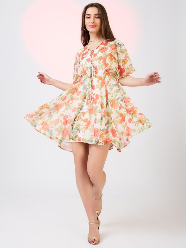 Globus Women White V-Neck Flared Sleeves Floral Print Tie-Up Detail Mini A-Line Dress
