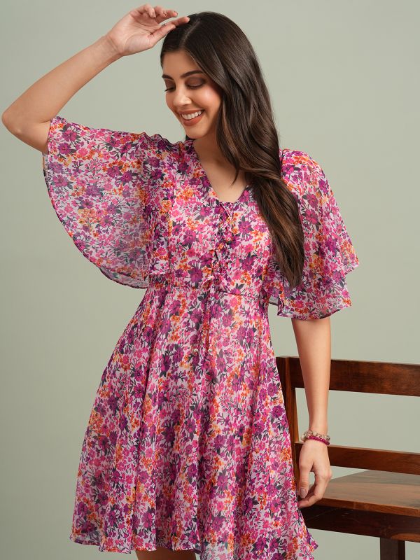 Globus Women Pink V-Neck Flared Sleeves Floral Print Tie-Up Detail Mini A-Line Dress