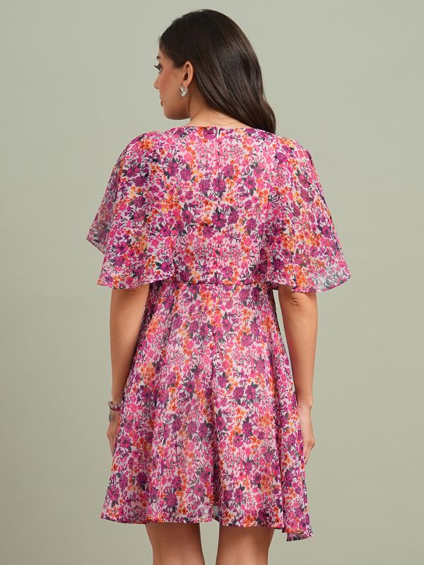 Globus Women Pink V-Neck Flared Sleeves Floral Print Tie-Up Detail Mini A-Line Dress