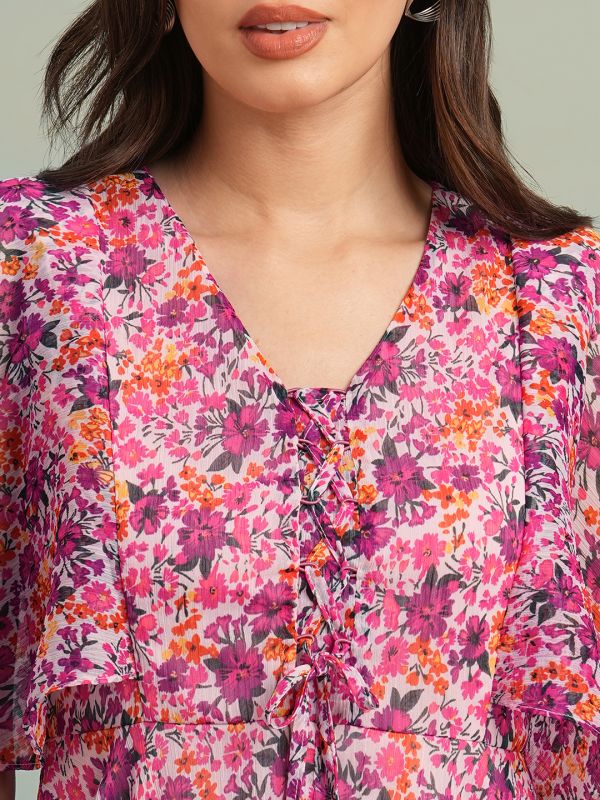 Globus Women Pink V-Neck Flared Sleeves Floral Print Tie-Up Detail Mini A-Line Dress