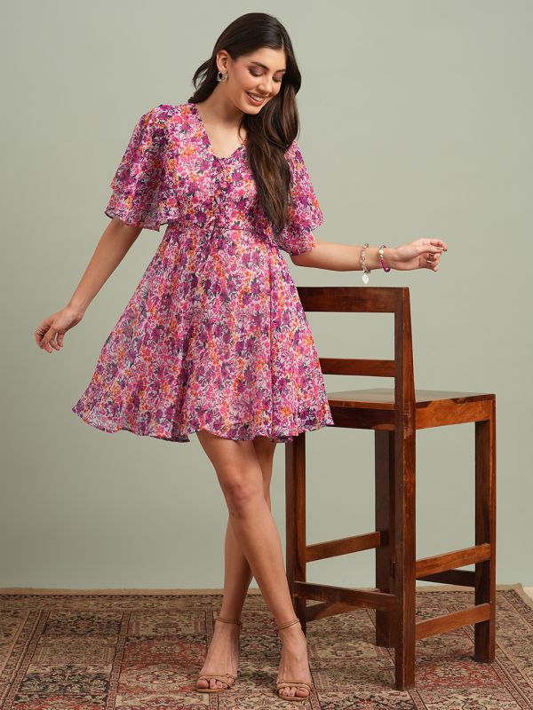 Globus Women Pink V-Neck Flared Sleeves Floral Print Tie-Up Detail Mini A-Line Dress