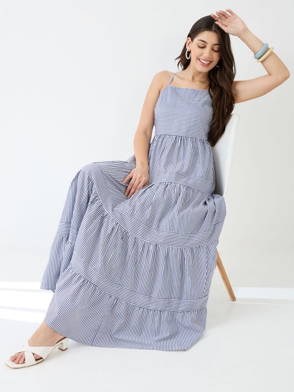 Globus Women Blue Square Neck Strappy Shoulder Striped Smocked Tiered Fit & Flare Maxi Dress