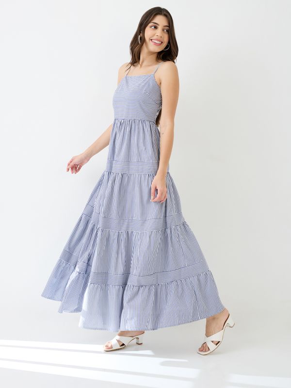 Globus Women Blue Square Neck Strappy Shoulder Striped Smocked Tiered Fit & Flare Maxi Dress