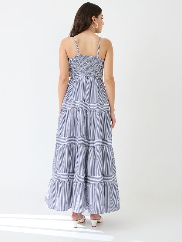 Globus Women Blue Square Neck Strappy Shoulder Striped Smocked Tiered Fit & Flare Maxi Dress