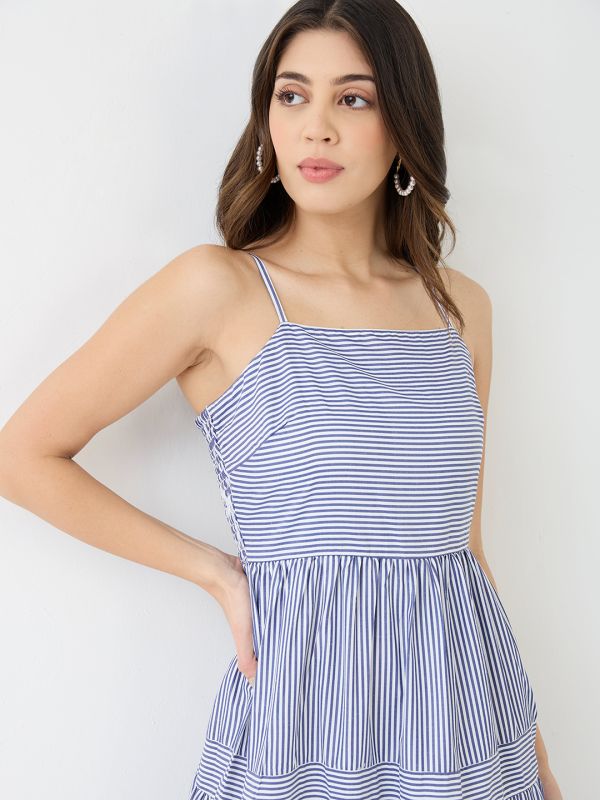 Globus Women Blue Square Neck Strappy Shoulder Striped Smocked Tiered Fit & Flare Maxi Dress