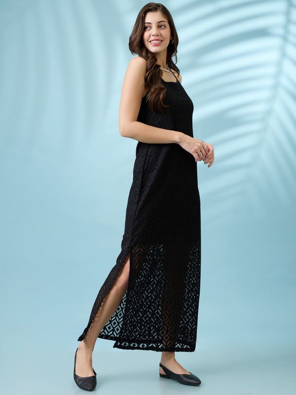 Globus Women Black Crochet Geometric Pattern Strappy Sleeves Side Slit Sheath Maxi Dress