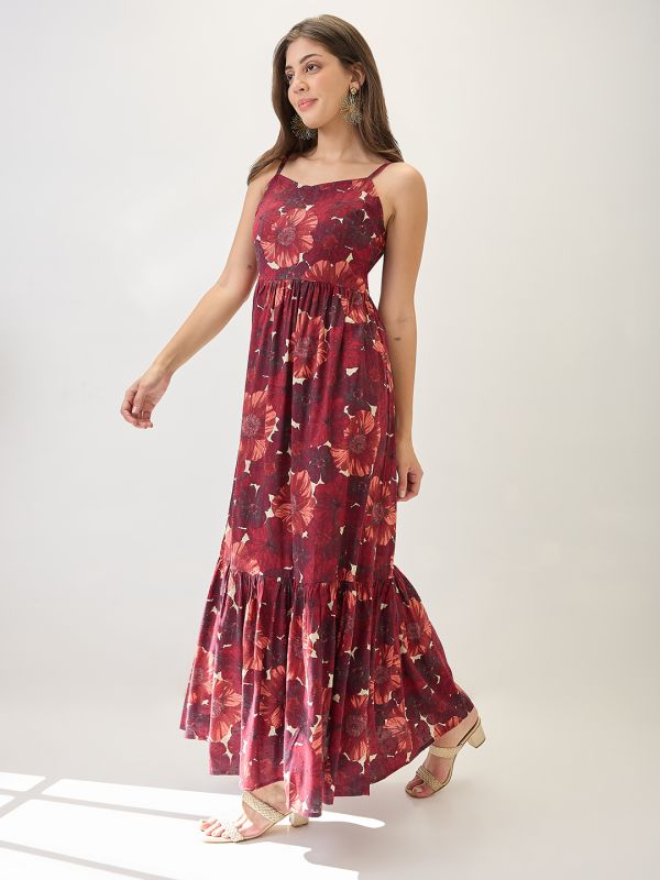 Globus Women Red Floral Printed V-Neck Strappy Sleeves Tiered Fit & Flare Maxi Dress