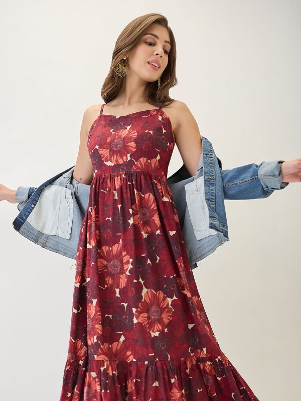 Globus Women Red Floral Printed V-Neck Strappy Sleeves Tiered Fit & Flare Maxi Dress