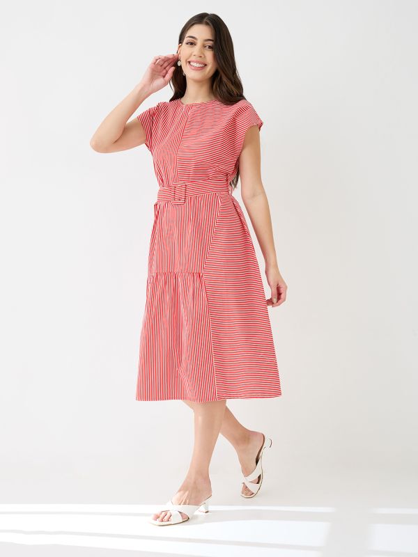 Globus Women Red Round Neck Extended Sleeves Striped Gathered A-Line Midi Dress With Belt
