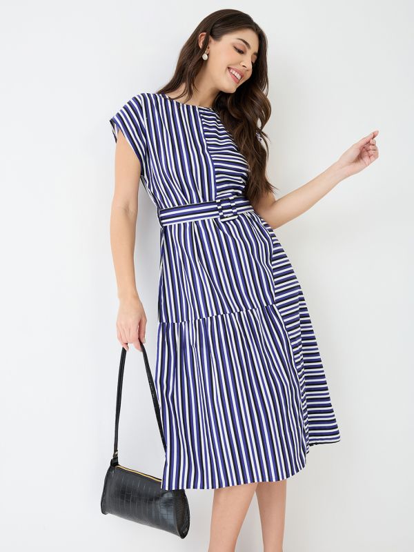Globus Women Blue Round Neck Extended Sleeves Striped Gathered A-Line Midi Dress With Belt