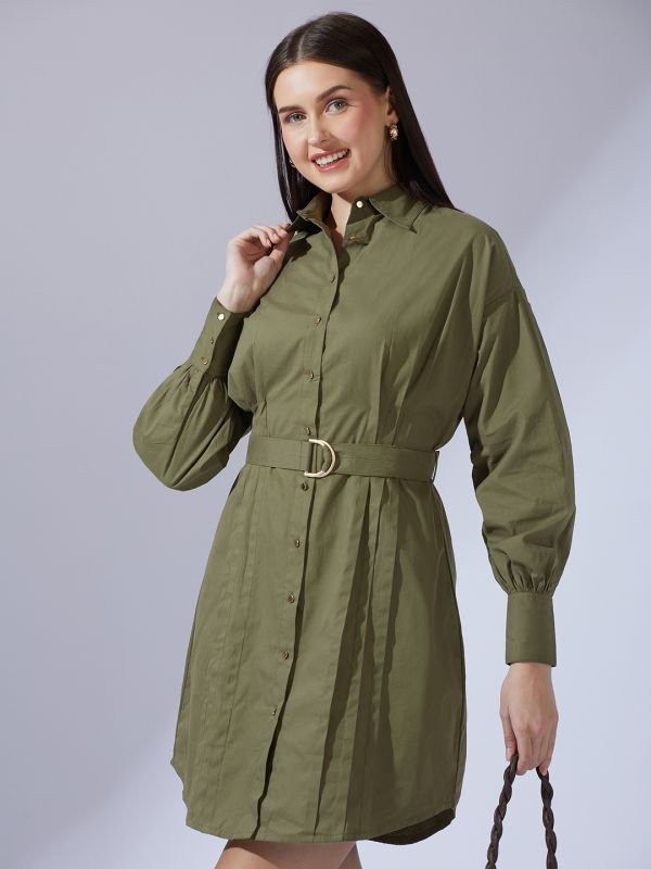 Globus Women Olive Collared Neck Cuffed Sleeves Solid Pleated Mini Workwear Shirt Dress With D-Ring Belt