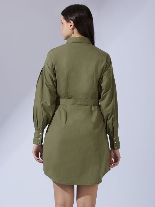 Globus Women Olive Collared Neck Cuffed Sleeves Solid Pleated Mini Workwear Shirt Dress With D-Ring Belt