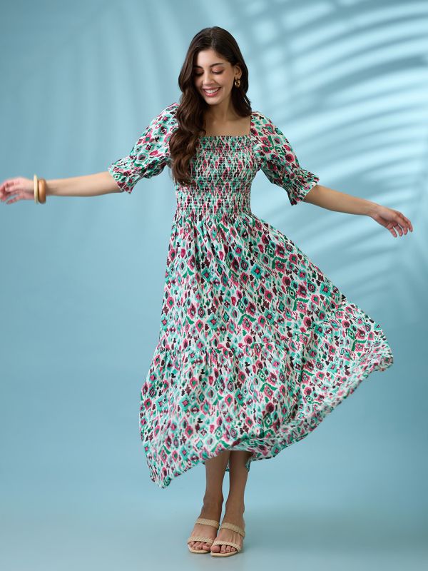 Globus Women Multicolour Ikat Print Square Neck Puff Sleeves Smocked Tiered Fit & Flare Maxi Dress