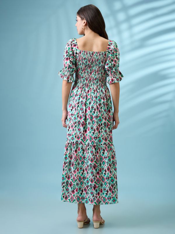 Globus Women Multicolour Ikat Print Square Neck Puff Sleeves Smocked Tiered Fit & Flare Maxi Dress