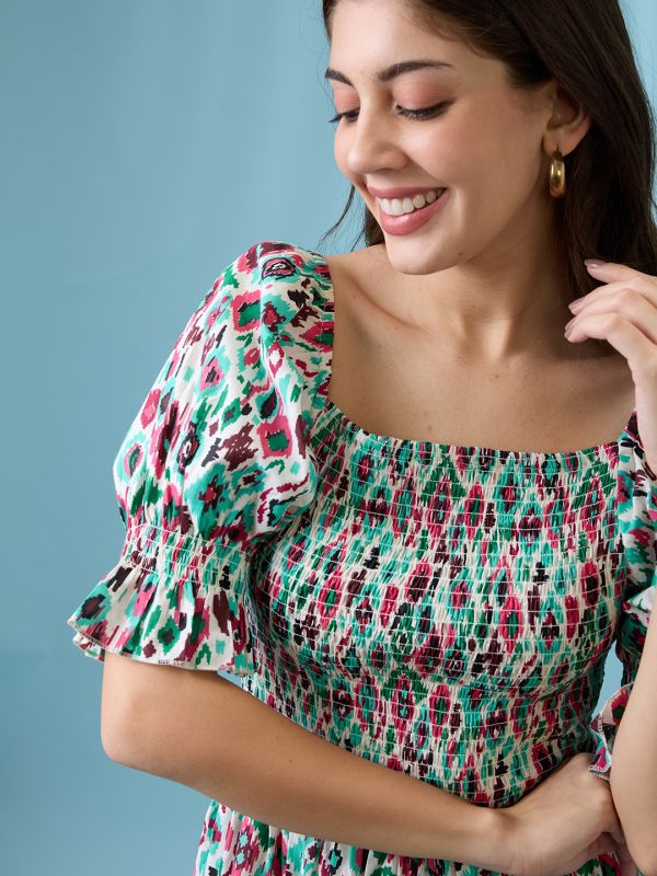 Globus Women Multicolour Ikat Print Square Neck Puff Sleeves Smocked Tiered Fit & Flare Maxi Dress