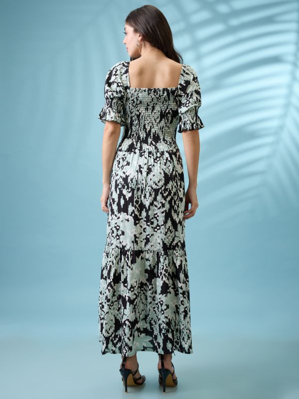 Globus Women Black Abstract Printed Square Neck Puff Sleeves Smocked Tiered Fit & Flare Maxi Dress