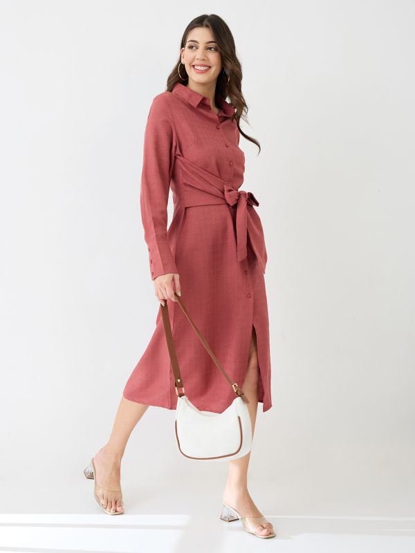 Globus Women Pink Collared Neck Cuffed Sleeves Self Design Waist Tie-Ups Midi Workwear Shirt Dress