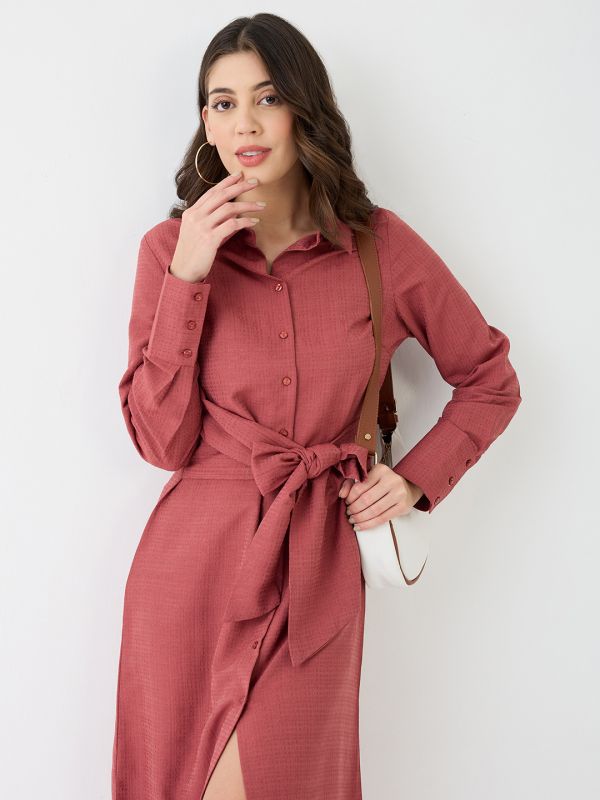 Globus Women Pink Collared Neck Cuffed Sleeves Self Design Waist Tie-Ups Midi Workwear Shirt Dress