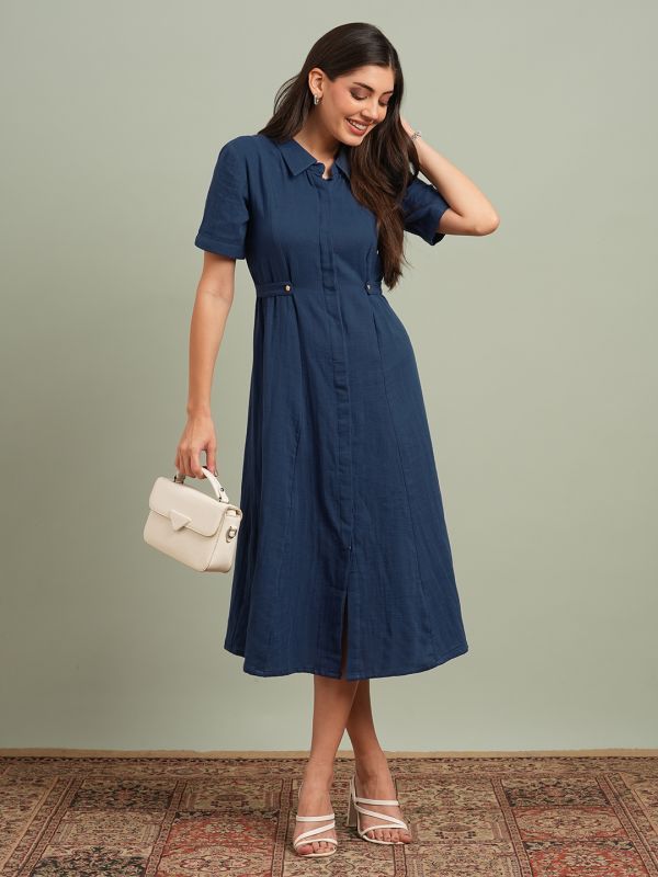 Globus Women Blue Collared Neck Short Sleeves Solid Midi Workwear Shirt Dress
