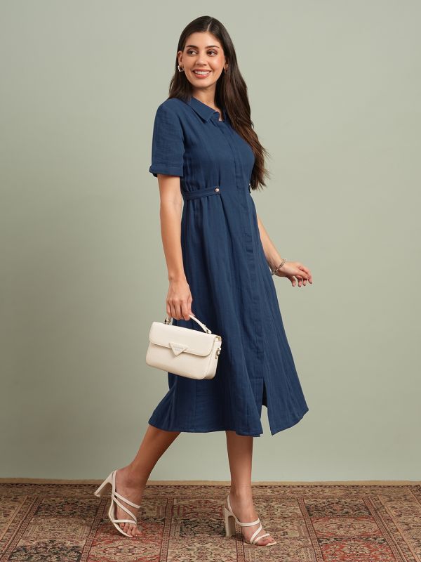Globus Women Blue Collared Neck Short Sleeves Solid Midi Workwear Shirt Dress