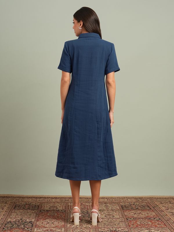 Globus Women Blue Collared Neck Short Sleeves Solid Midi Workwear Shirt Dress