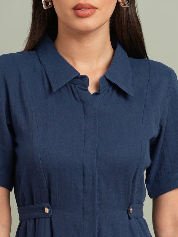 Globus Women Blue Collared Neck Short Sleeves Solid Midi Workwear Shirt Dress