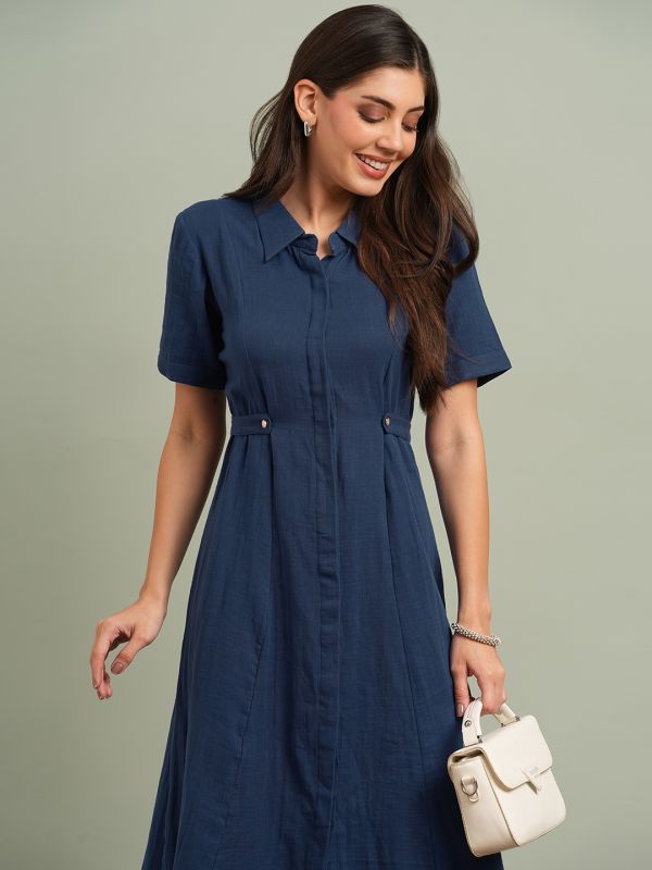 Globus Women Blue Collared Neck Short Sleeves Solid Midi Workwear Shirt Dress
