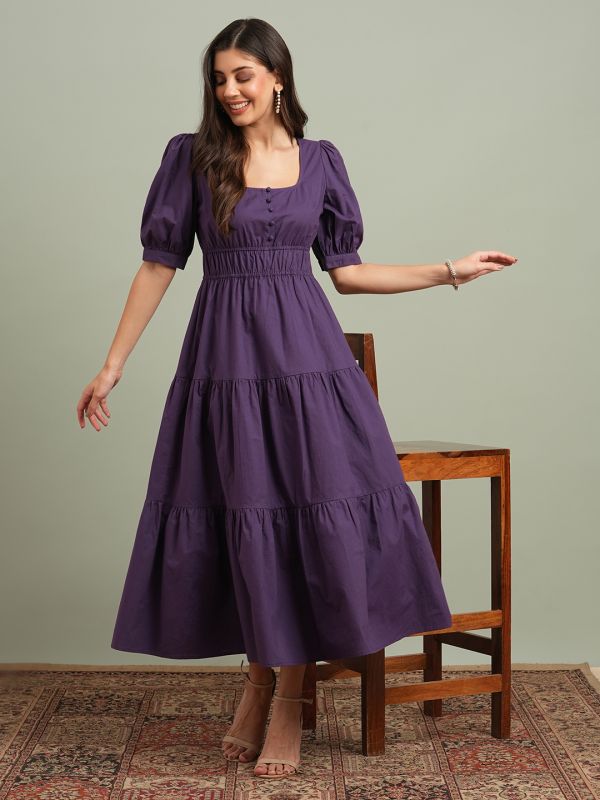 Globus Women Mauve Square Neck Puff Sleeves Solid Tiered Fit & Flare Maxi Resort Dress