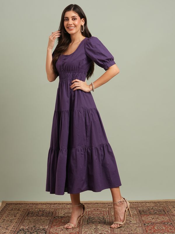 Globus Women Mauve Square Neck Puff Sleeves Solid Tiered Fit & Flare Maxi Resort Dress