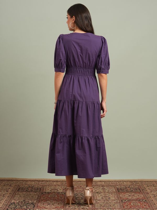 Globus Women Mauve Square Neck Puff Sleeves Solid Tiered Fit & Flare Maxi Resort Dress