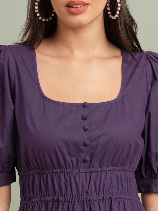 Globus Women Mauve Square Neck Puff Sleeves Solid Tiered Fit & Flare Maxi Resort Dress