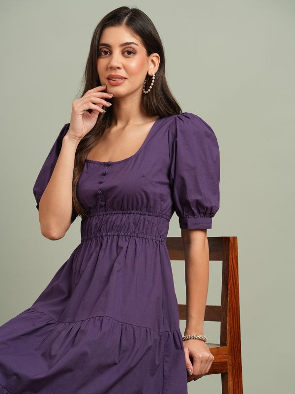 Globus Women Mauve Square Neck Puff Sleeves Solid Tiered Fit & Flare Maxi Resort Dress