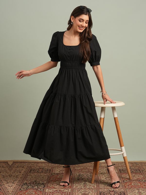 Globus Women Black Square Neck Puff Sleeves Solid Tiered Fit & Flare Maxi Resort Dress