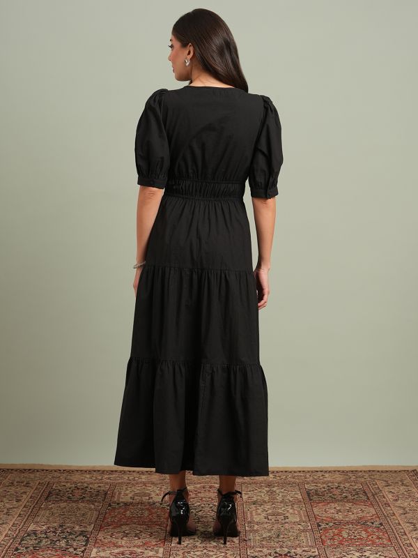 Globus Women Black Square Neck Puff Sleeves Solid Tiered Fit & Flare Maxi Resort Dress