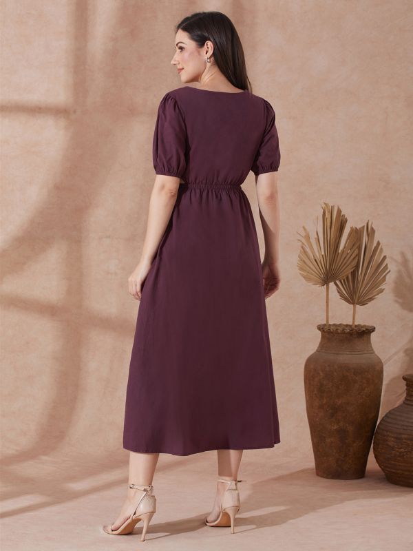 Globus Women Burgundy Round Neck Puff Sleeves Solid Cut Out Detail Fit & Flare Midi Resort Dress