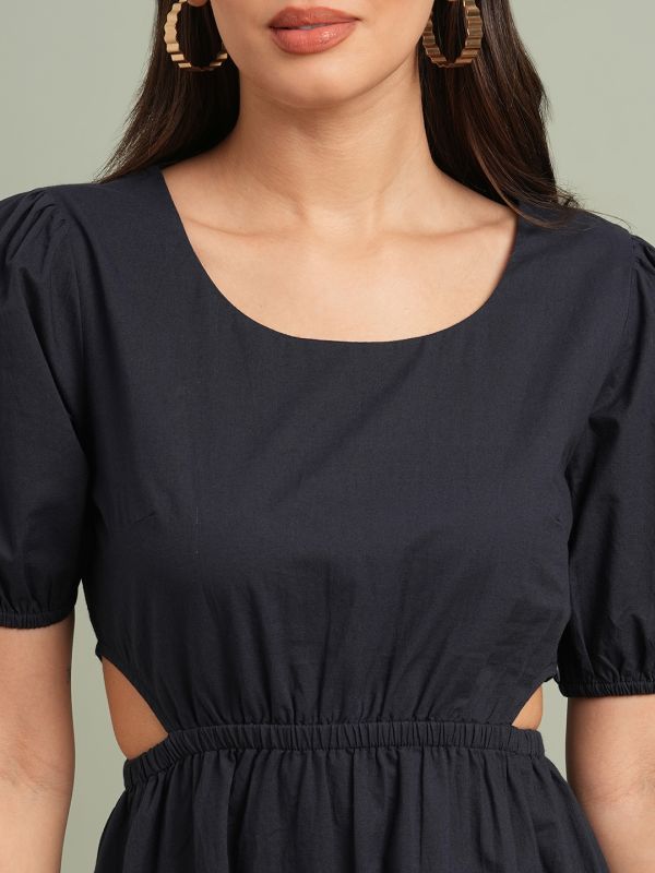Globus Women Navy Blue Round Neck Puff Sleeves Solid Cut Out Detail Fit & Flare Midi Resort Dress
