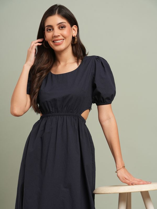 Globus Women Navy Blue Round Neck Puff Sleeves Solid Cut Out Detail Fit & Flare Midi Resort Dress