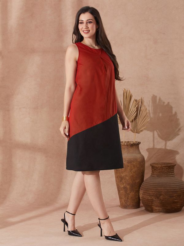 Globus Women Red Round Neck Colourblocked A-Line Knee Length Resort Dress