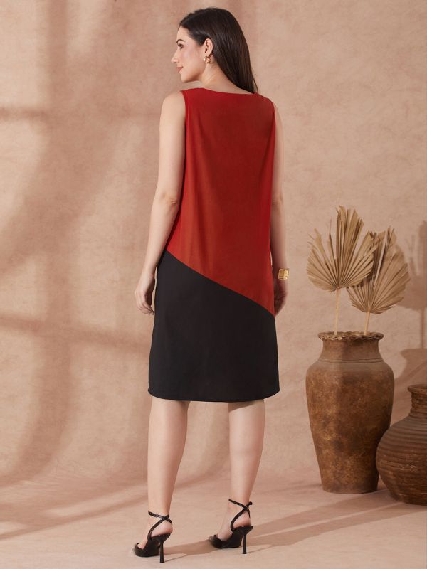 Globus Women Red Round Neck Colourblocked A-Line Knee Length Resort Dress