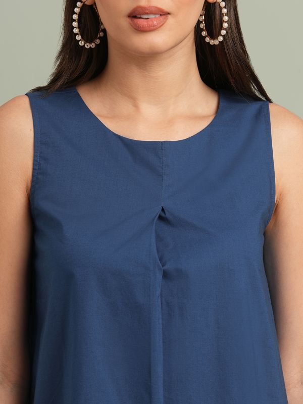 Globus Women Blue Round Neck Colourblocked A-Line Knee Length Resort Dress